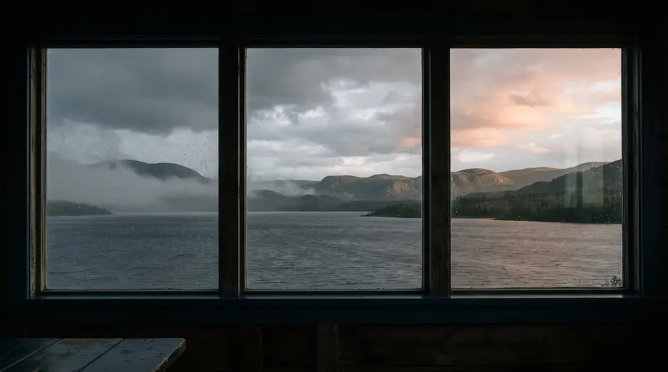 Rain, mist, broken cloud, and a coral clearing cross three window panes above an invented lake.