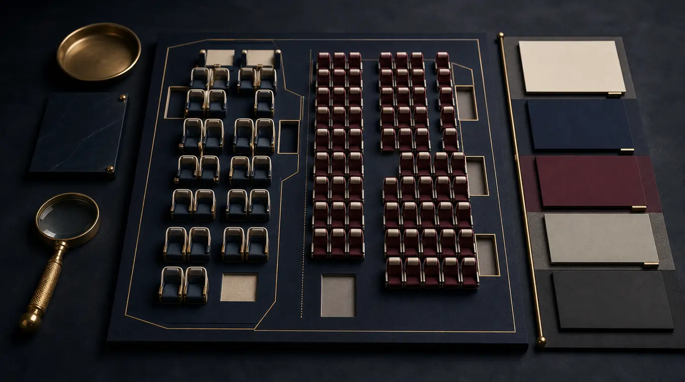 An invented physical seat layout with two cabin zones, irregular empty spaces, and separate blank comparison cards.