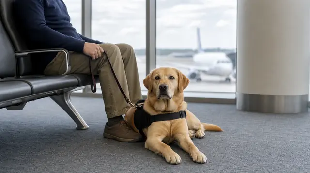 A calm harnessed dog lies beside a seated handler holding its leash in an airport gate area.