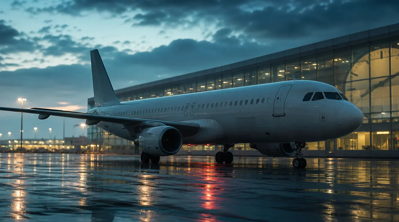 A generic aircraft on a wet airport apron seen through terminal glass beside a large analog clock.
