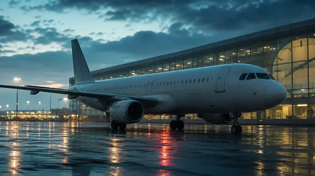 A generic aircraft on a wet apron beside a large analog clock