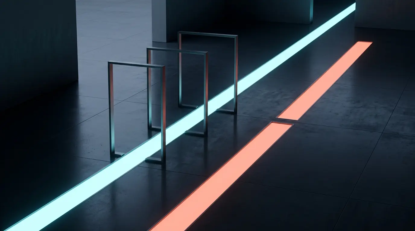 Two illuminated paths cross an abstract terminal-like studio, one continuous and one interrupted by a clean gap