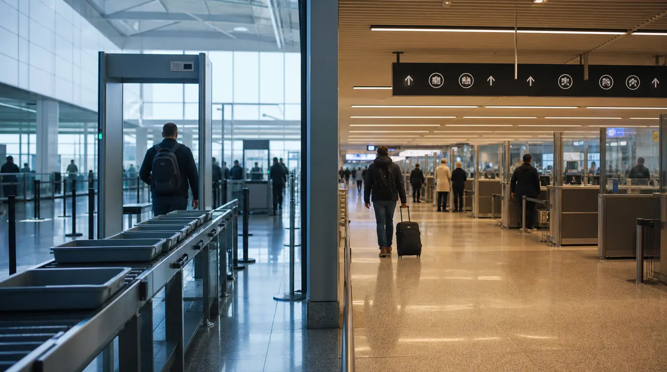 A cool departure screening lane beside a warmer international arrivals processing hall in one airport.