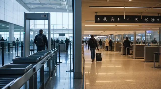 A cool departure screening lane beside a warmer international arrivals processing hall in one airport.