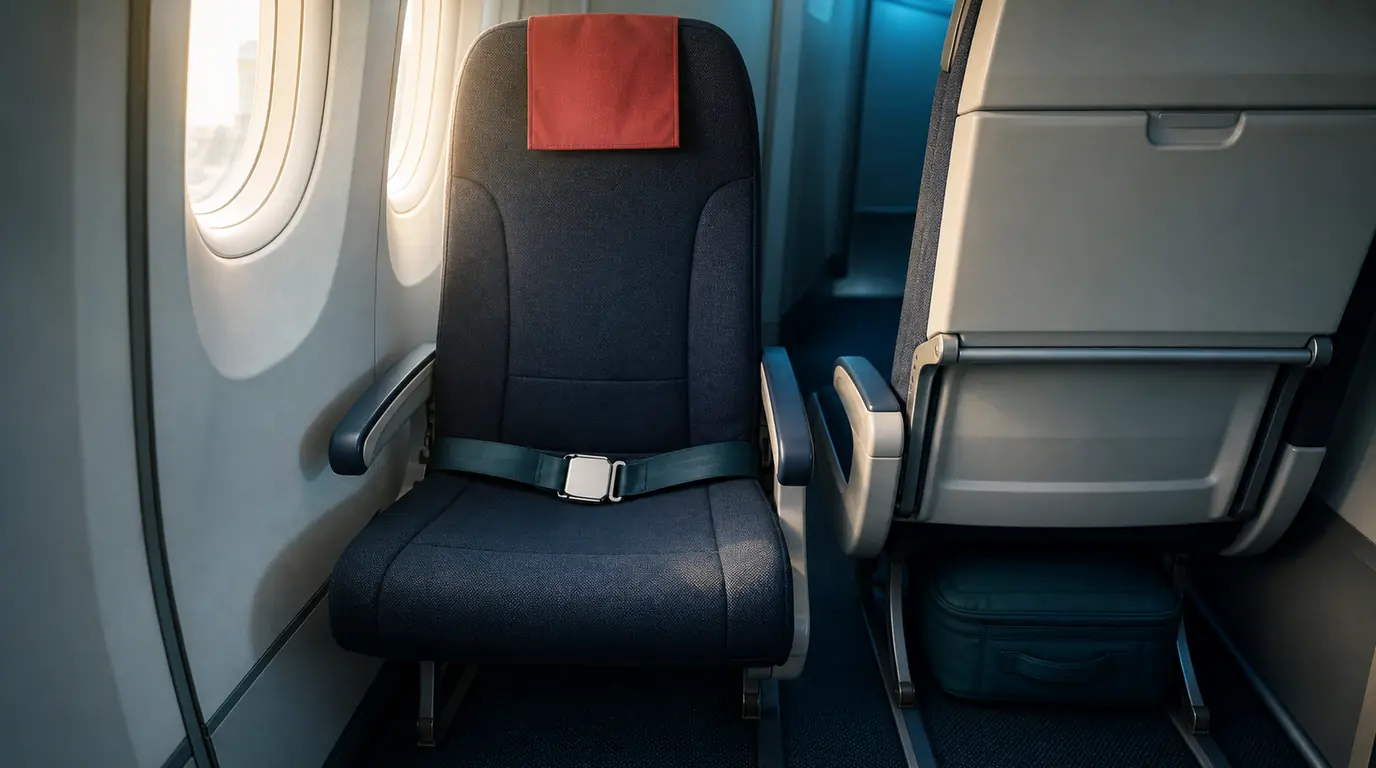 An empty airplane seat with its lap belt fastened and a small bag stowed beneath the seat ahead.