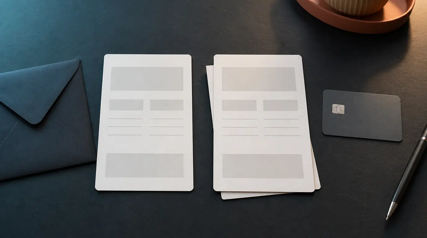 Two blank itinerary records, an envelope, a payment card, and a pen arranged on a dark tabletop.