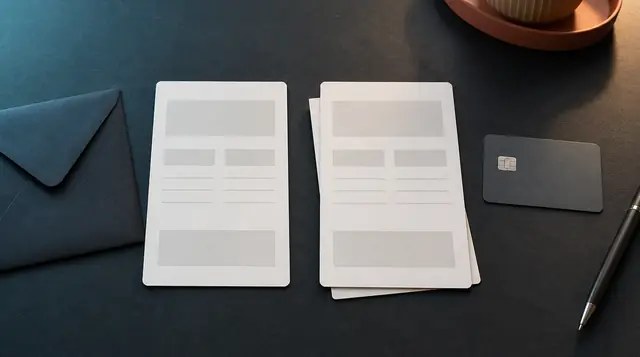 Two blank itinerary records, an envelope, a payment card, and a pen on a dark tabletop