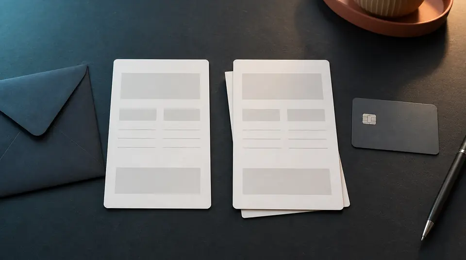 Two blank itinerary records, an envelope, a payment card, and a pen arranged on a dark tabletop.