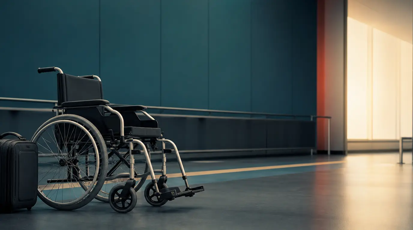 An empty manual wheelchair and suitcase beside a clear route through a quiet airport terminal.