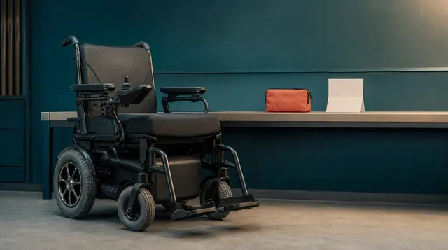 An empty powered wheelchair beside a closed protective pouch and a blank instruction sheet in a preparation bay.