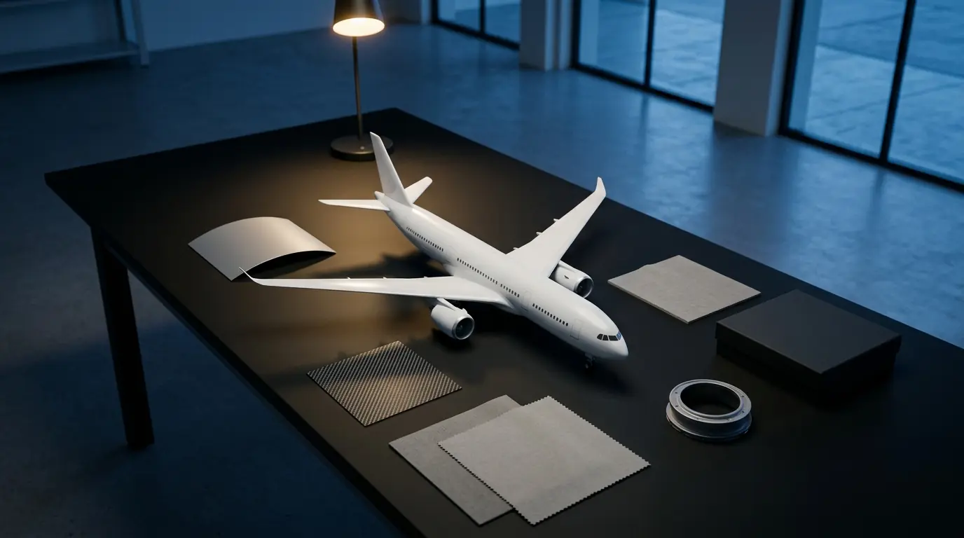 A blank twin-engine passenger aircraft model surrounded by material samples on a dark studio table