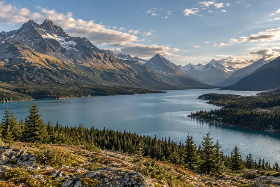 An illustrated mountain lake surrounded by spruce forest.