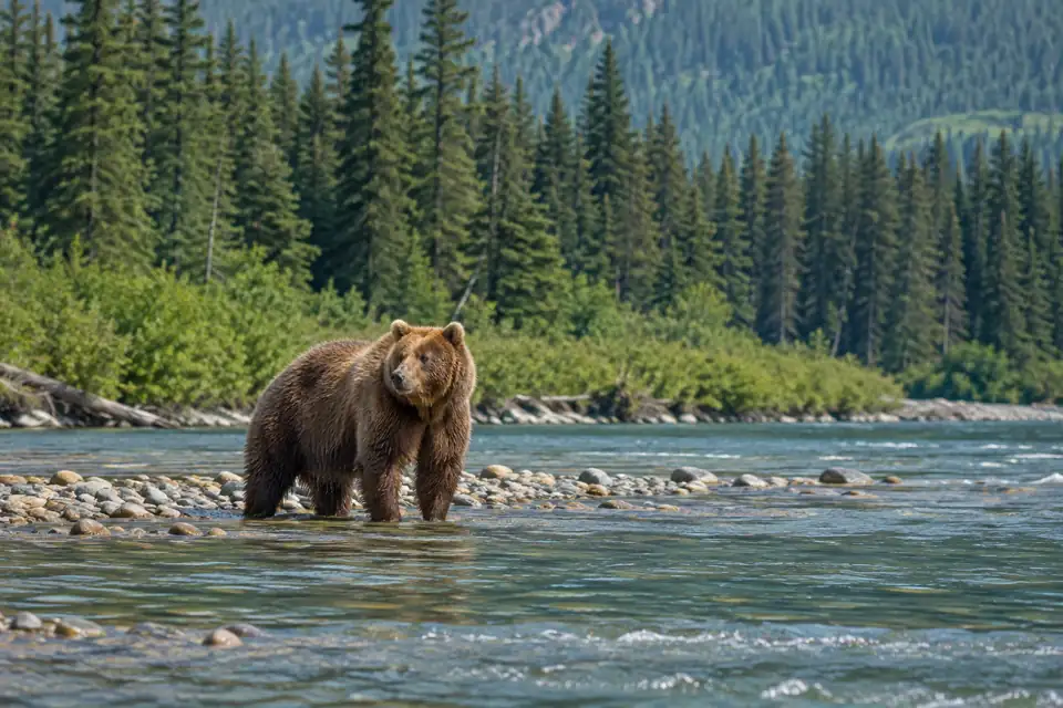 An illustration of a brown bear in a shallow river.