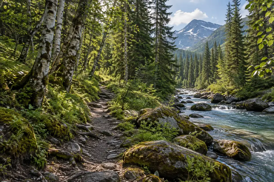 An illustrated footpath through a birch and spruce forest.