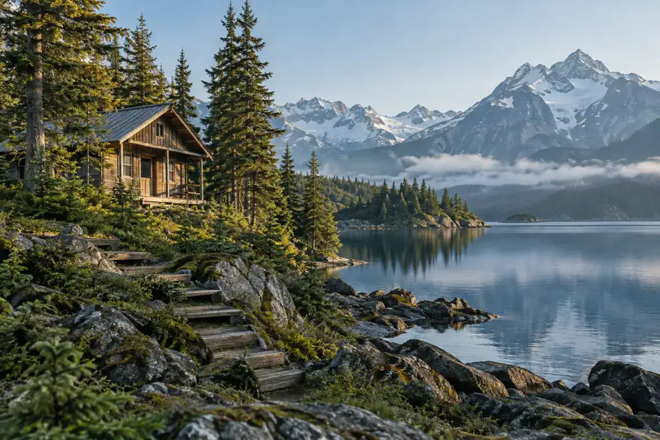 An illustrated lakeside cabin among spruce trees.