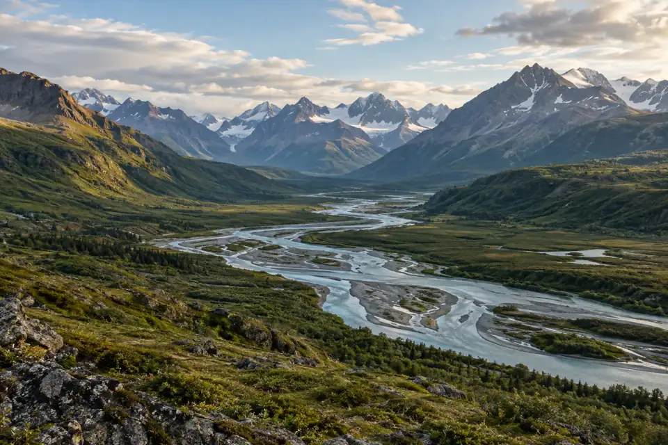 An illustrated northern river valley surrounded by mountains.