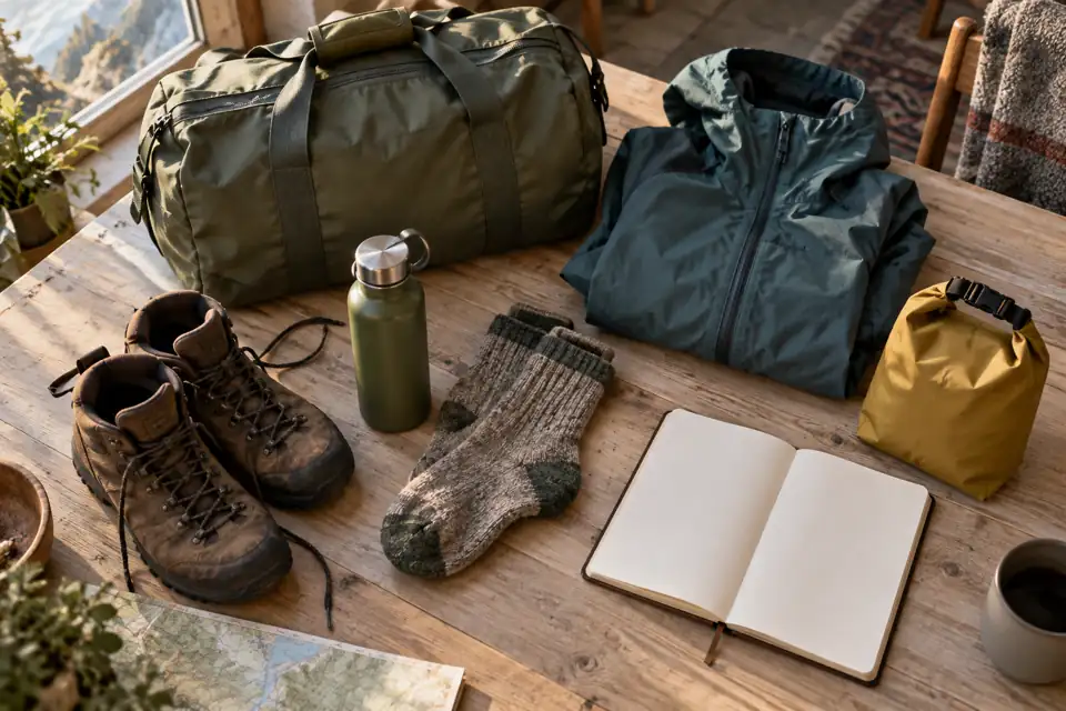 An illustrated duffel and rain gear laid out before a trip.